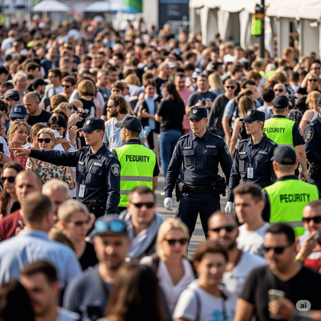 Event security team managing controlled access for attendees, ensuring smooth entry flow.